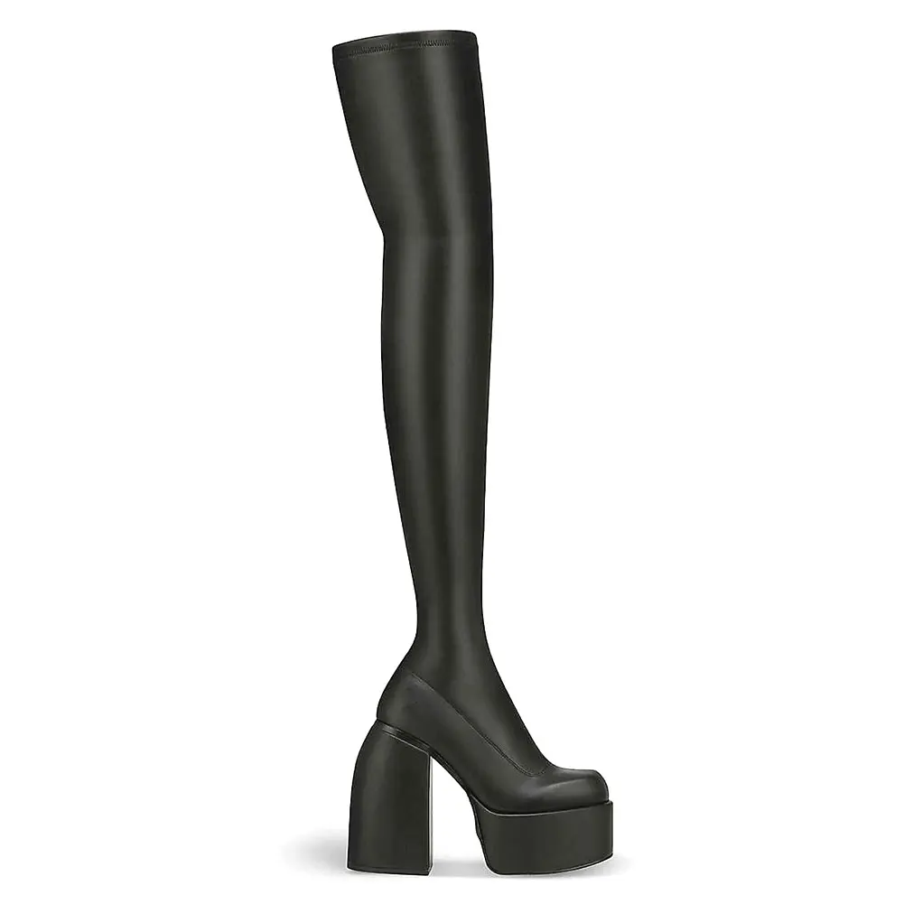 

Gnazhee Women's Designer Over The Knee Boots Gothic Shoes Woman BLACK Stretchy Boot Square High Heels Chunky Platform