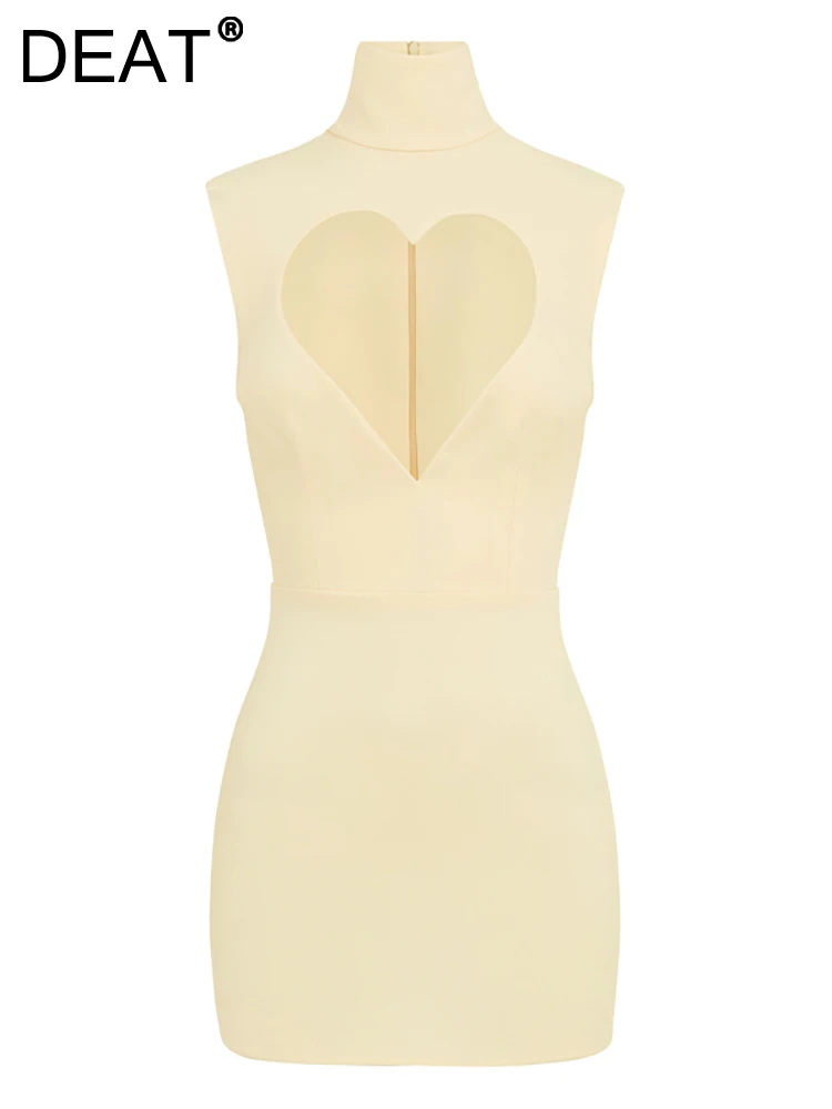 

Женское вечернее платье-водолазка [DEAT], бежевое ажурное облегающее мини-платье на молнии без рукавов в форме сердца, 13DB1137, весна 2023