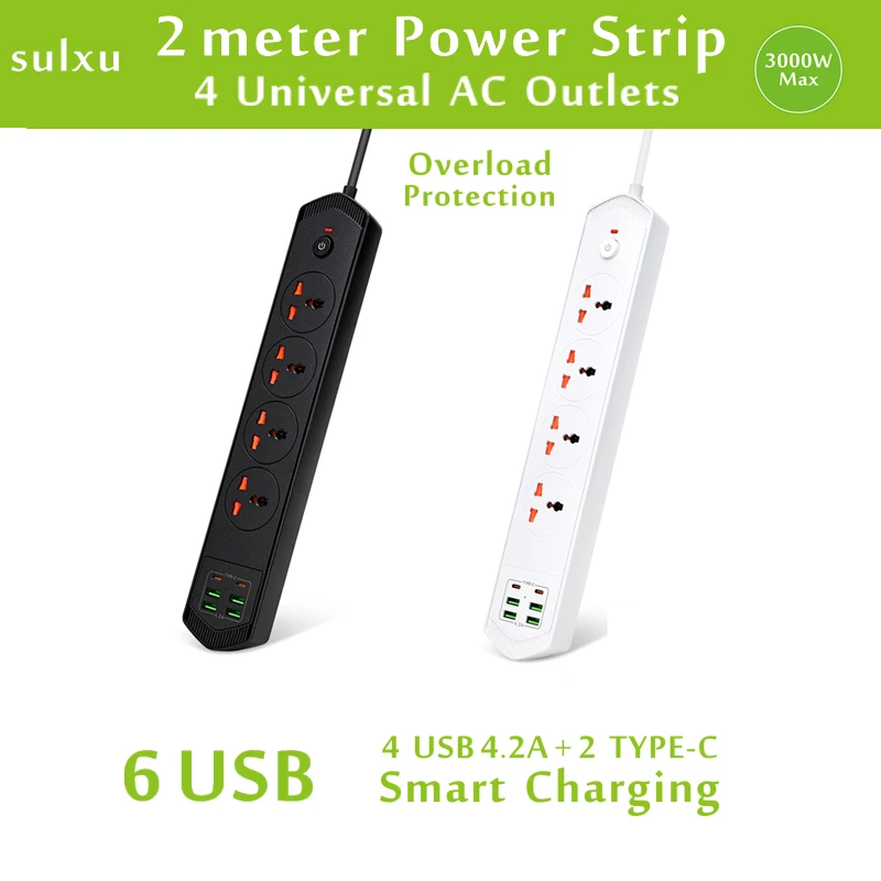 

Overload Protection Universal power socket 4AC Outlets, with Type-C Charging Multiple USB , 2-meter cable Expansion power strip