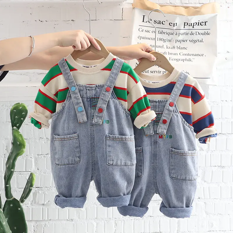 

Children Clothes Toddler Spring Autumn Baby Boy Girls Stripe T Shirt Cartoon Wing Denim Bib Pants 2Pcs/sets Outfit Kid Tracksuit