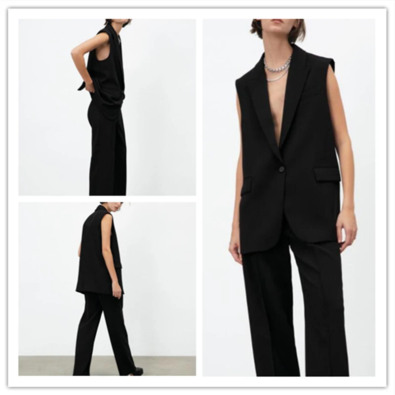 

(Long Vest + Pants) Black Single Buckle Back Split Loose Casual Custom Two-piece Set Everyday Versatile Colete Feminino