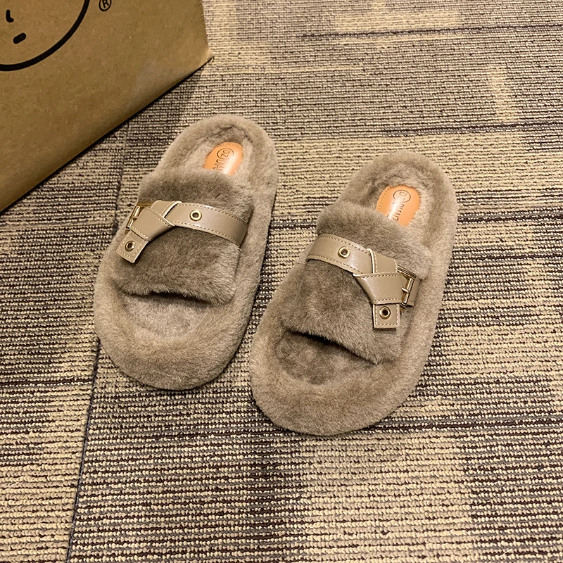Женская обувь тапочки повседневные меховые шлепанцы плоский плюш удобные теплые