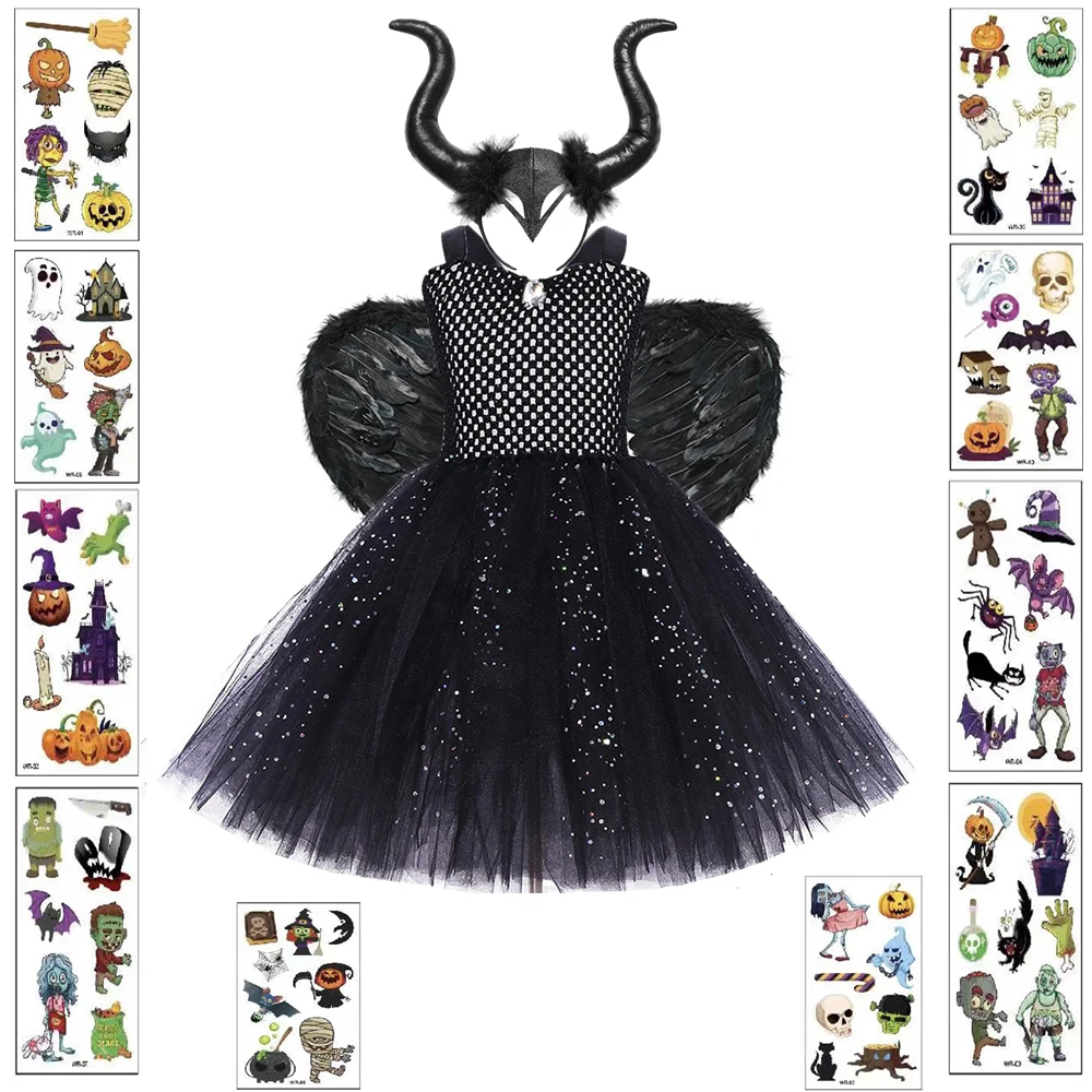 

Black Halloween Costumes for Baby Girls Tutu Dress Ankle Length Dresses Kids Devil Costume Princess Cosplay Outfits Horns Wings