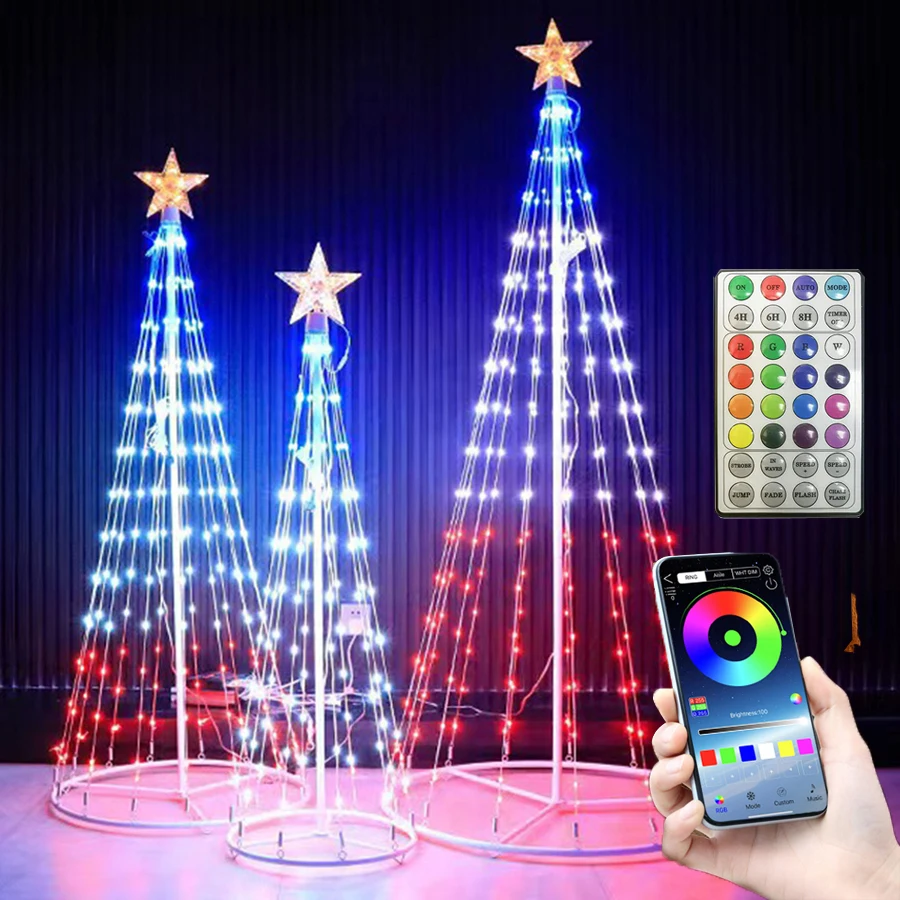 1.2/2.1M Bluetooth App Christmas Cone Tree Light With Topper Star RGB Smart Artificial Xmas Tree Lamp For Holiday Party New Year