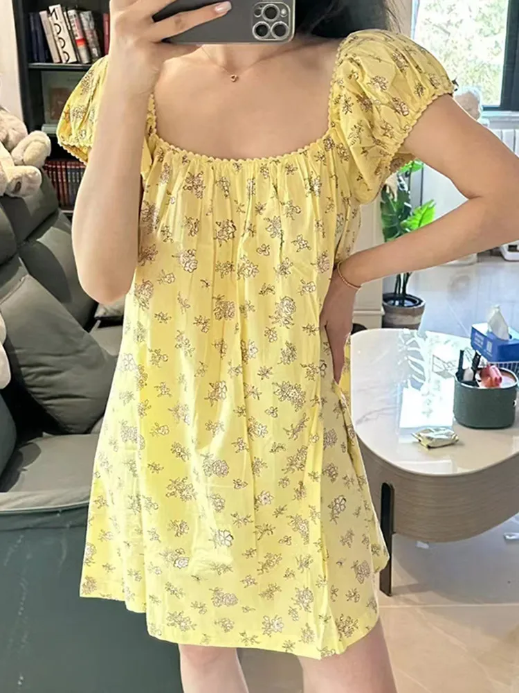 Women Puff Sleeve Square Collar 100% Cotton Mini Dress 2023 Summer New Flower Print Casual A-Line Female Yellow Sweet Short Robe