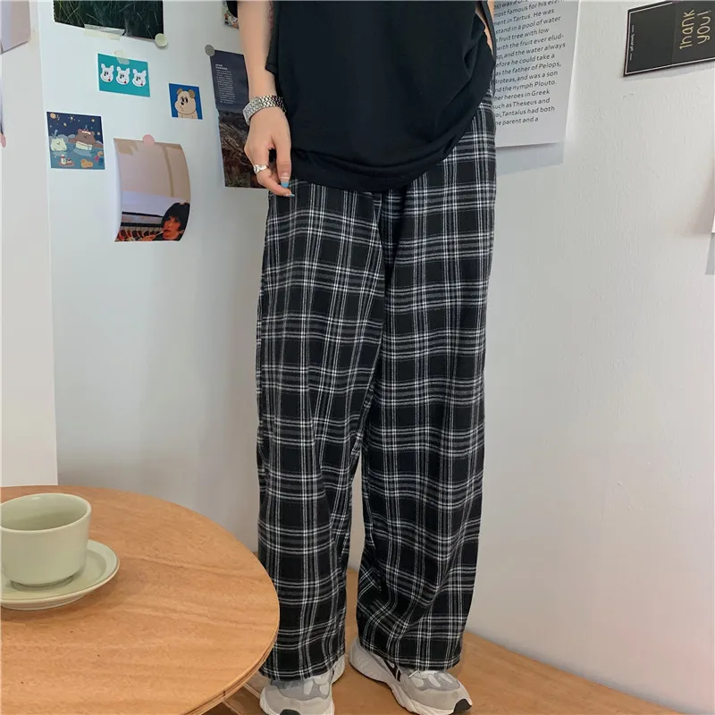 

Oversize 4XL Plaid Pants Women Casual Loose Wide Leg Trousers Ins Retro Teens Straight Trousers Hip-hop Unisex Streetwear