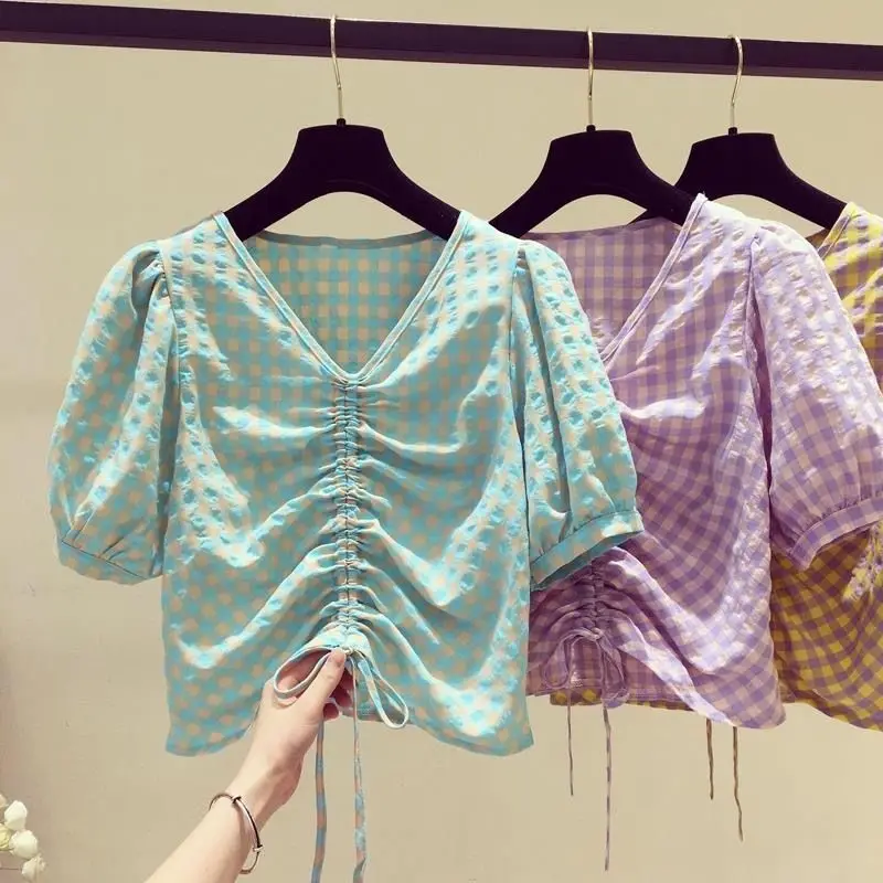 

2022 Summer Retro Plaid Short Sleeve Children Shirts Cotton Girls Blouse for Kids Cute Toddler Casual Tops Girls Clothing F68