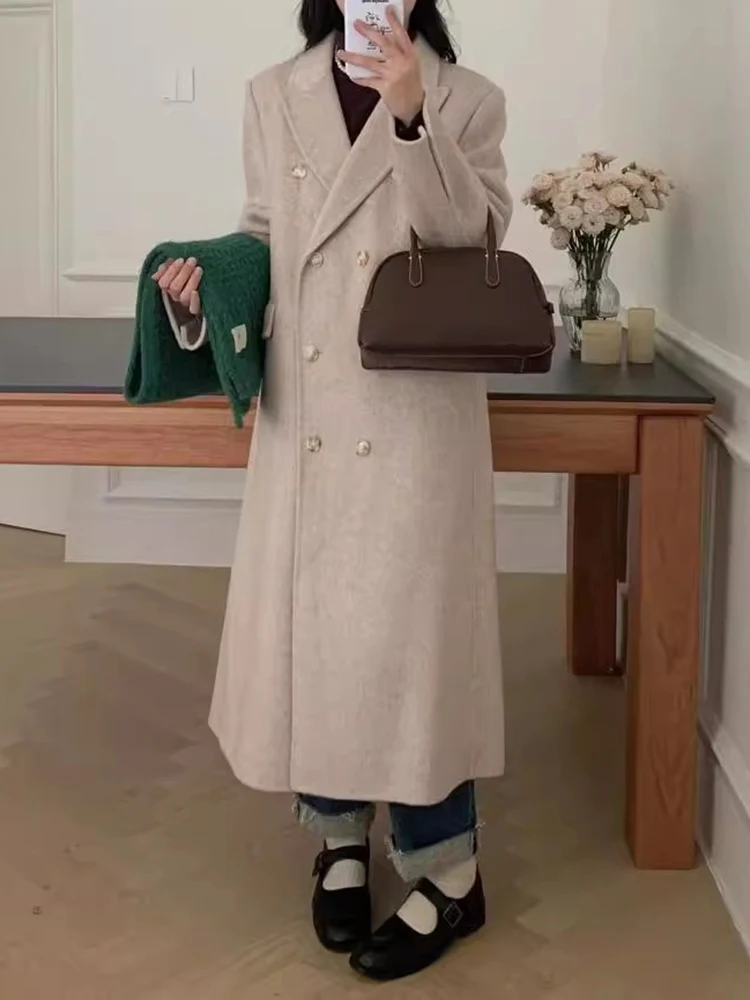 LGRQ офисные женские теплые шерстяные пальто для женщин двубортная модная длинная