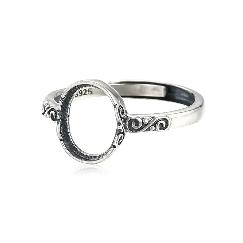 8x10mm S925 Sterling Silver Retro Elliptic Shape Blank Base Adjustable Ring Inlaid With Agate DIY Jewelry Making Accessories
