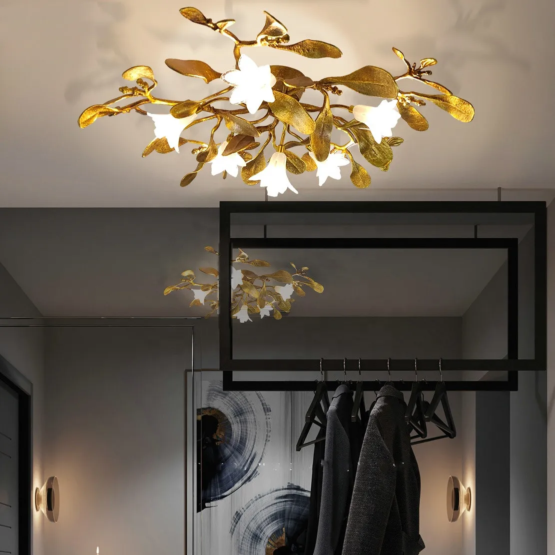 

Living Room Ceiling Lamp Crystal Flower Light Luxury Ceiling Chandelier Copper for Bungalow Bedroom Dining Hallway Decor LED