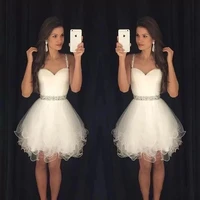ANGELSBRIDEP White Spaghetti Straps Homecoming Dresses With Beading Waist Tulle Cocktail Graduation Formal Party Gowns Plus Size