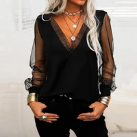 wywmy womens tops solid color mesh splicing long sleeve blouse casual v neck top sexy shirts streetwear women clothing pullover