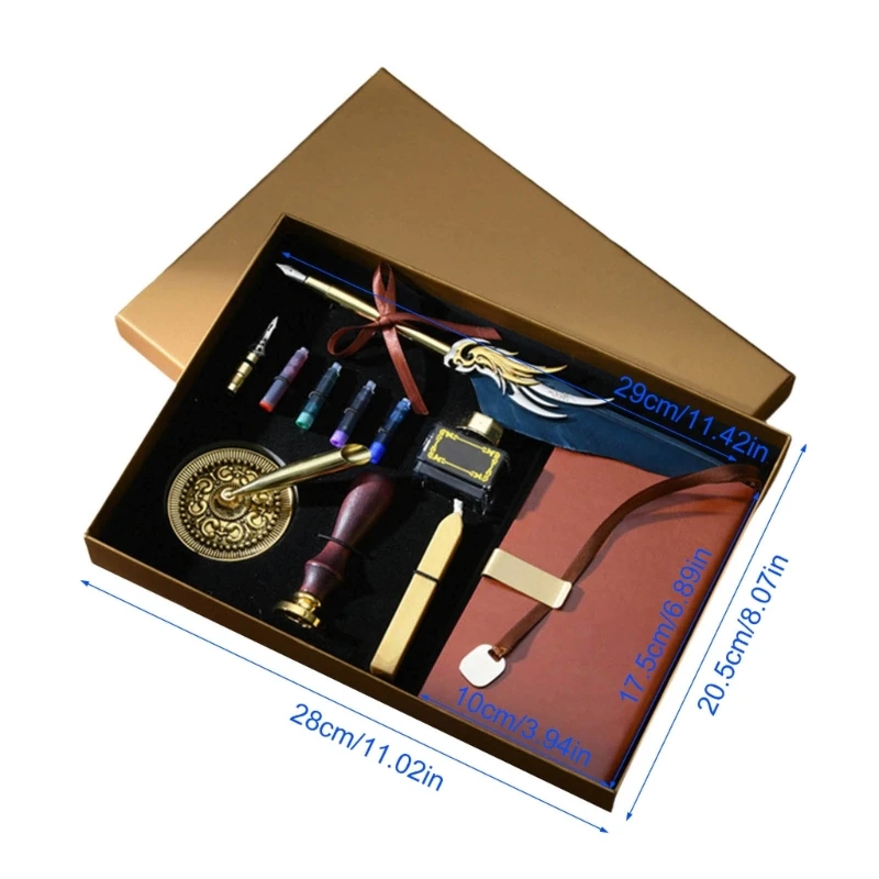 Набор винтажных штампов и перьевых ручек с мешочками чернилами в бутылке