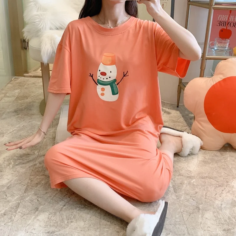 Loose Pajamas for Women Nightdress Night Gown Round Neck Cute Cartoon Mid-length Over-the-knee Longewear Vestidos Mujer Dress
