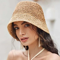 new summer girls womans beach outdoor sunscreen casual fashion retro solid color splicing simplicity decorate weaving bucket hat