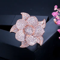 luxury flower leaf micro pave cubic zirconia stone big rose gold color bridal wedding party finger rings jewelry