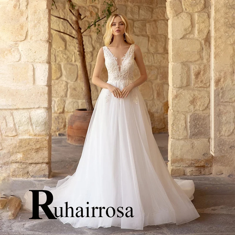 

Ruhair Sexy Wedding Dresses Advanced Simple Illusion Tulle Button Classic V-Neck Made To Order Vestidos De Novia Brautmode