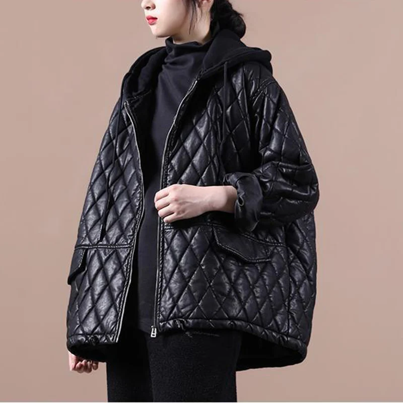 2022 New Autumn Winter Coats Women's Black PU Leather Jacket Korean Casual Warm Quilted Jackets Female Hooded Parka Overcoat images - 6