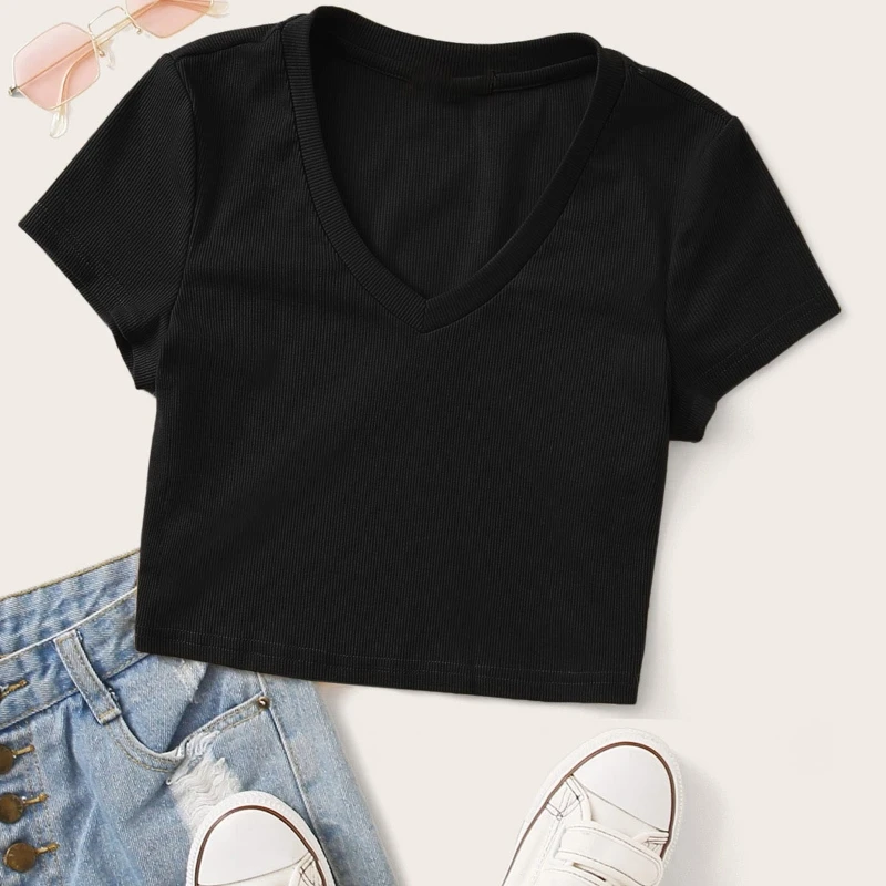 

Female Summer Basic Black T-Shirts Women Teens Casual Short Sleeve V-Neck Crop Top Ribbed Knitted Plain Slim Pullover Tee Shirt