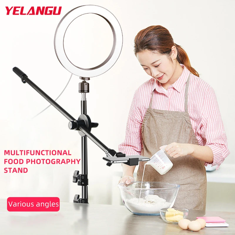 Enlarge YELANGU Overhead Shot Phone Stand Holder with Ring Light Tripod Kit for YouTube Live Streaming Podcast Video Recording Equipment