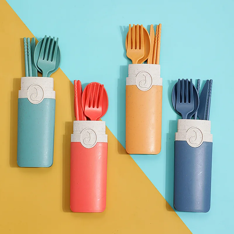 

4PCs/Set Wheat Straw Knife Fork Spoon Chopsticks Travel Portable Reusable Cutlery Set School Office Tableware Dinnerware Sets