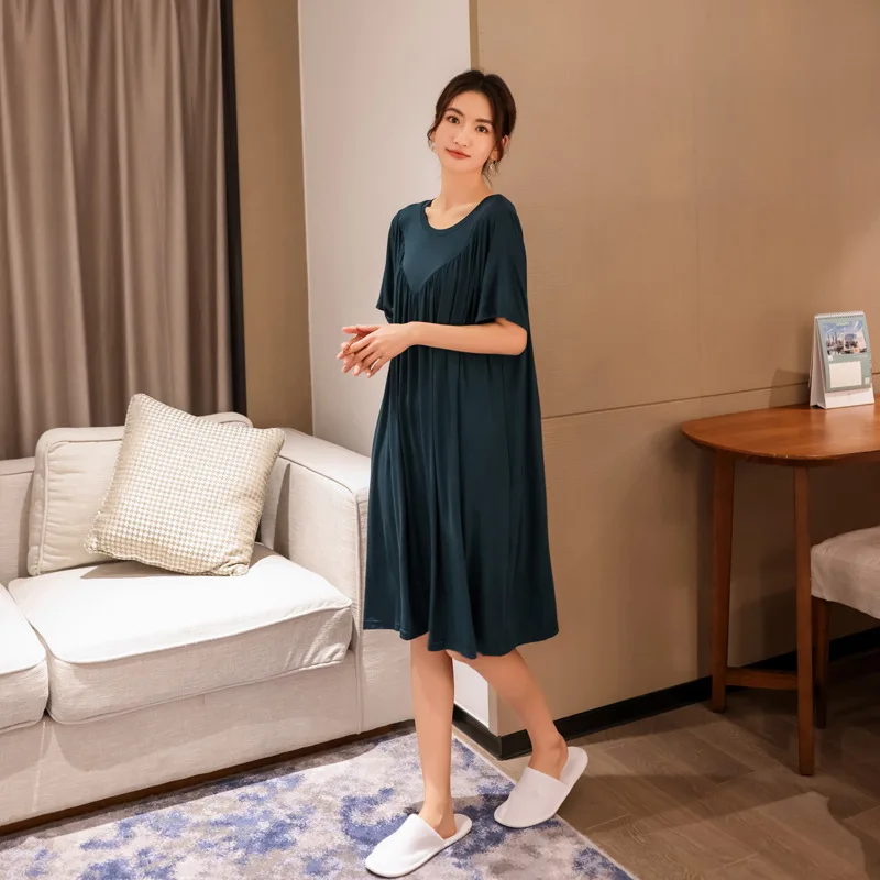 Modal Nightgown Women Summer Pleated Thin O-neck Loose Large Size Casual Short Sleeve Night Dress Home Female Long Dress