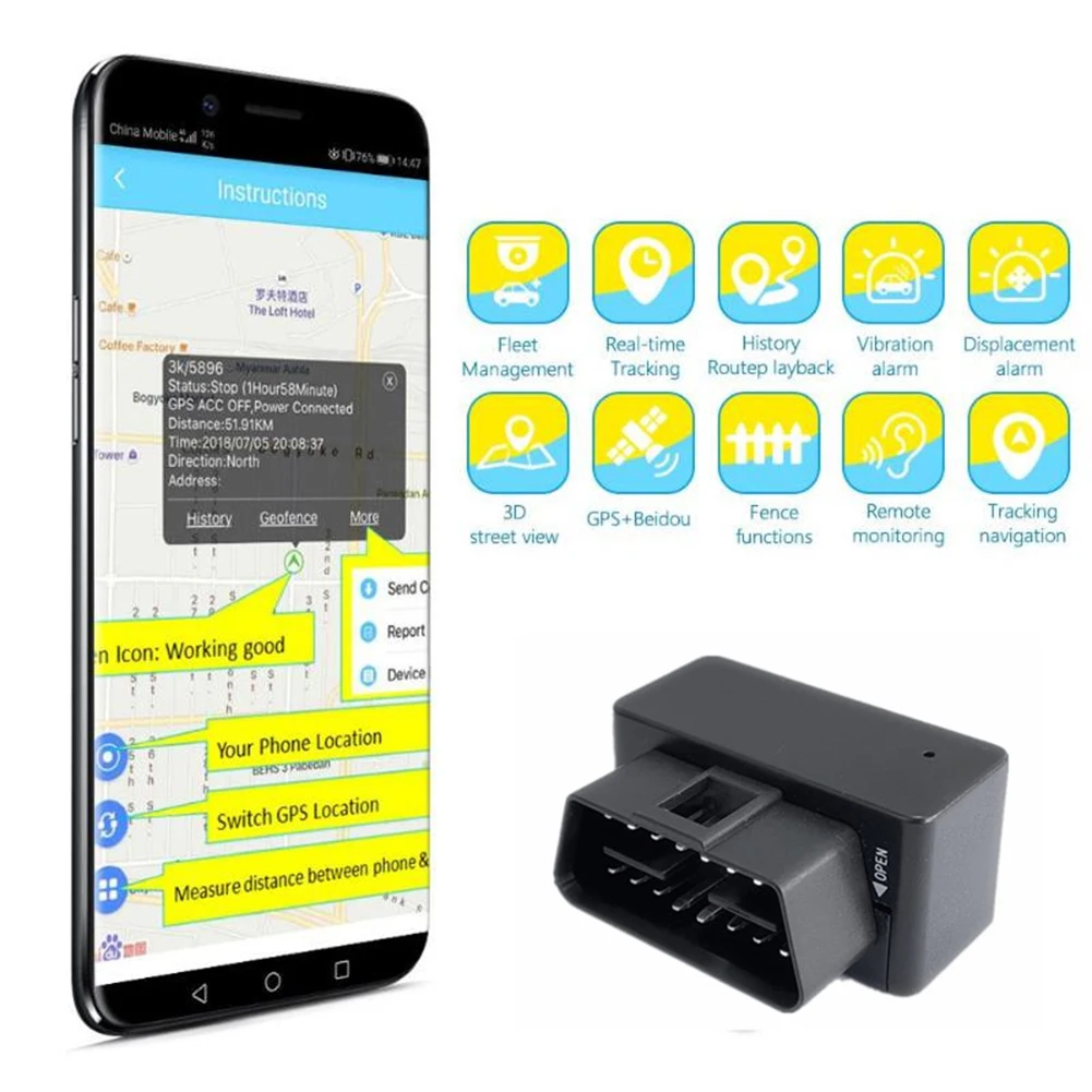 

OBD GPS Tracker 2G for Car Vehicle Location Geofence Route History Overspeed Alarm Anti-lost Car GPS Locator Free Web APP Device