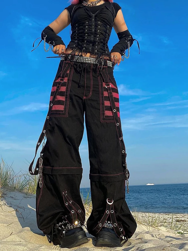 

Gothic Chain Bandage Wide Leg Pants Women Oversize Low Rise Dark Academic Trousers Streetwear 90s Baggy Pant Punk Style