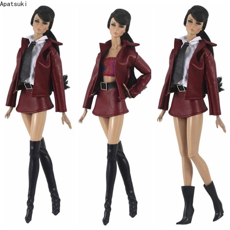 Винный Кожаный Модный комплект одежды для куклы Барби короткое пальто куртка