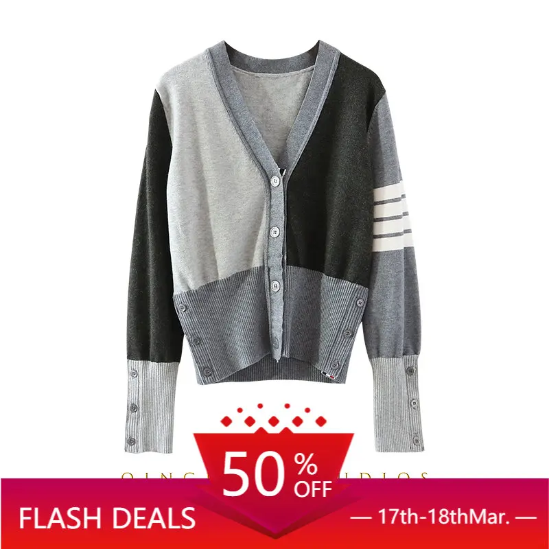 

TB New Autumn and Winter Knitted Sweater Color Matching Loose Cardigan Women's Four-bar Casual All-match Gray Temperament Top