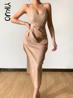 yikuo y2k sequin women high split midi cami dress sleeveless summer bright sexy fashion party prom female clothing new year