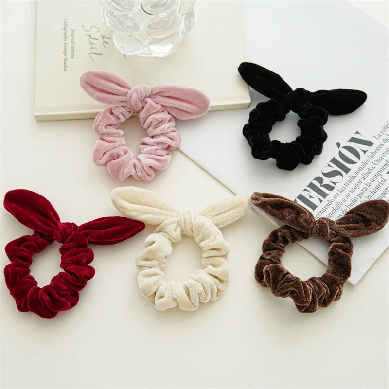 

Autumn Winter Plush Cloth Soft Solid Color Knot Rabbit Ear Elastic Hair Band Girl Woman Cute Simple Fairy Ponytail Rubber Ties
