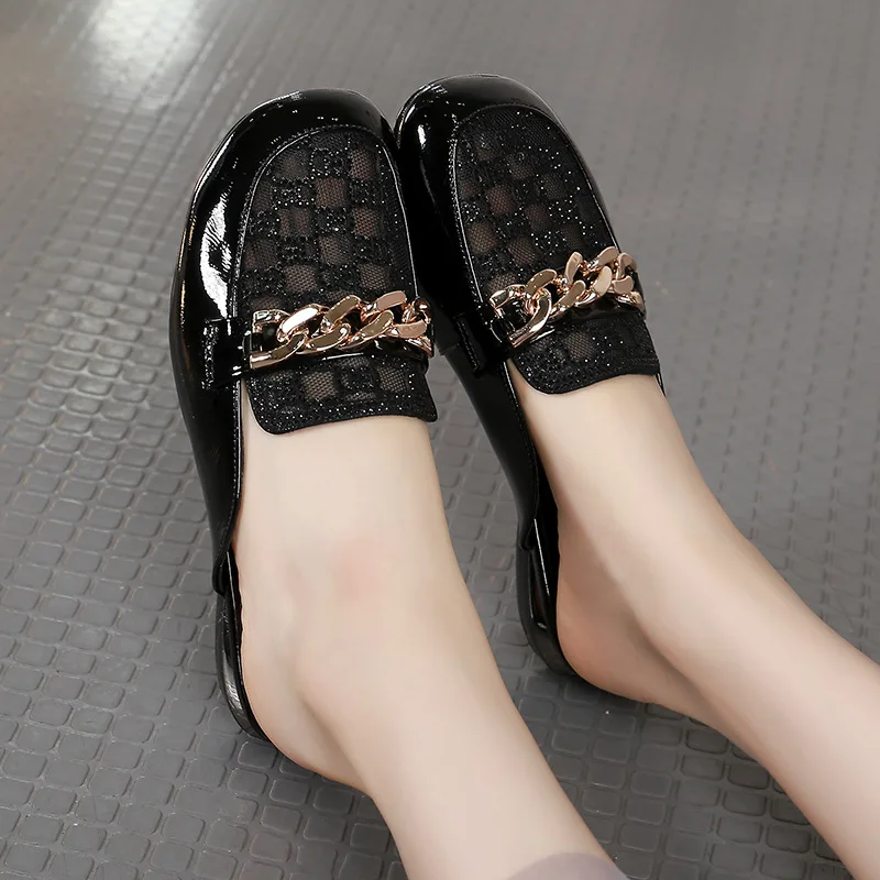 Shackles Decor Rhinestones Summer Slippers Large Sizes Genuine Leather Retro Slides Hollow Wedge Sandals Ladies Outdoor Shoes