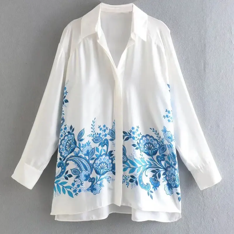 

Women Fashion Floral Printed Blouse 2022 Summer Casual Single Breasted Shirt Oversize Long Sleeve Vintage Shirts Chic Woman Tops