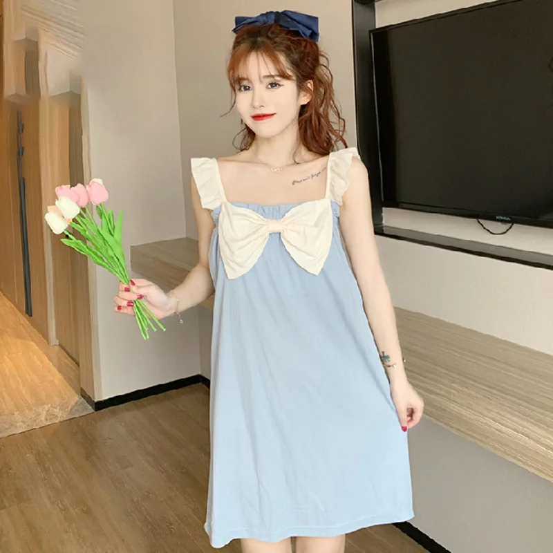 M-XXL Sleeveless Summer Sling Dresses Superior Polyester Thin Women's Home Clothes Sweets Bow Sleepwear Knee Length With Bra