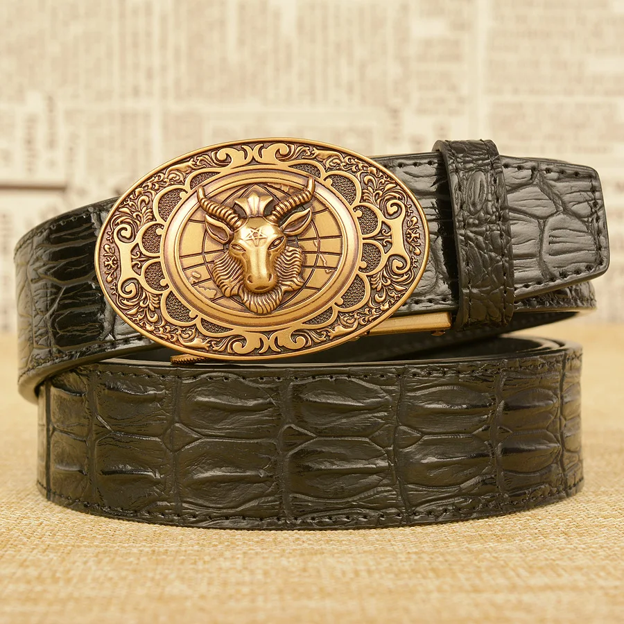 Chinese Zodiac Men's Belt Sheep Head Automatic Buckle Male Belt For Men Personality Crocodile Pattern Casual Youth Jeans