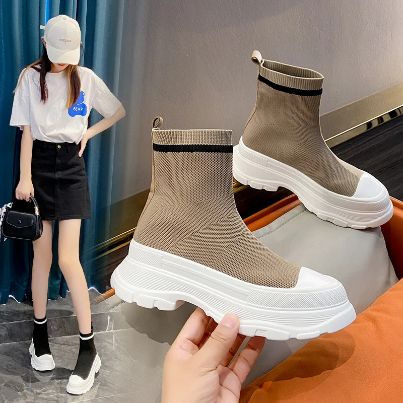 

Кроссовки женские сетчатые без шнуровки, Удобная Повседневная вязаная обувь на платформе, Вулканизированная плоская подошва, 2023