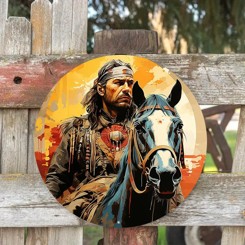 Круглая алюминиевая вывеска с многоразовой иллюстрацией лошади и всадника