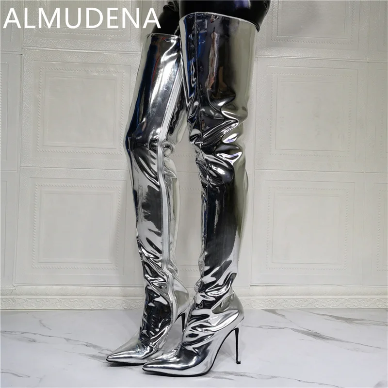 Winter Over The Knee Long Boots Patent Leather Silvery Side Zip Shoes Winter Women Shoe Pointed Toe Super High Heels Modern Shoe