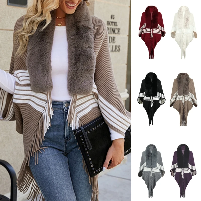 

Warm Fluff Faux Furs Collar Shawls Wraps Cardigan Sweater Coat Women Fringe Batwing Sleeve Ponchos Cardigans Outerwear