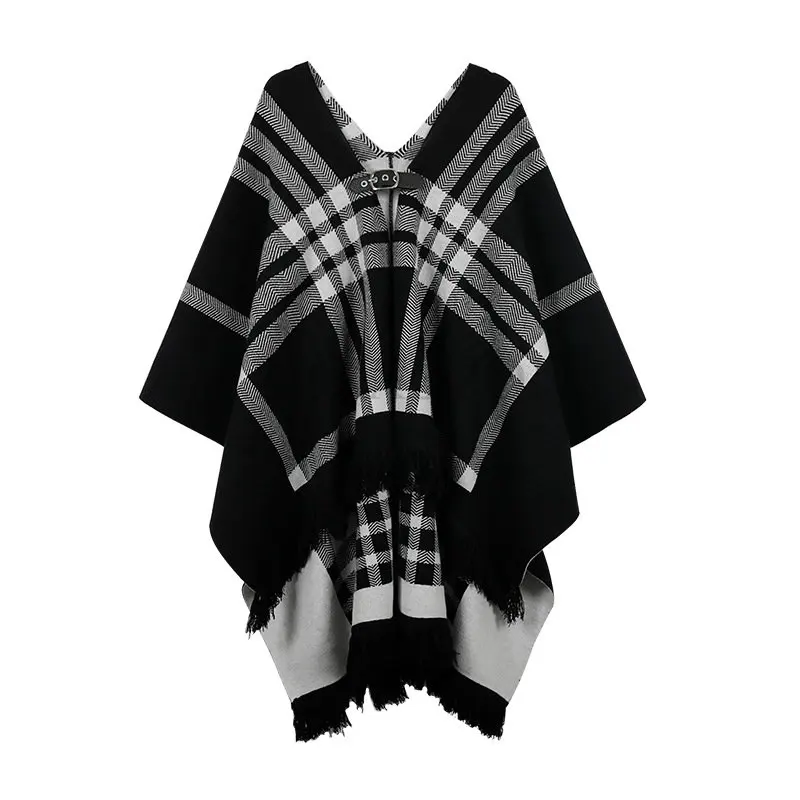 

Plaid Soft Covering Yarn Shawl Cape Tassels Knit Cloak Loose Autumn Winter Women Poncho Coat New Arrivals