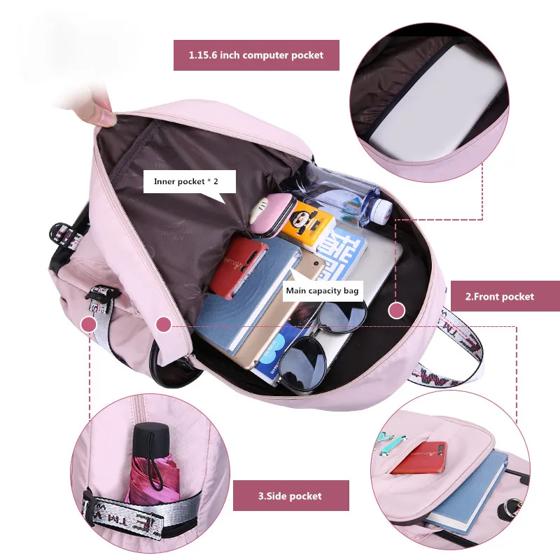 High School Backpack for Teenage Girl Fashion Pink Black Student Girls Backpack Schoolbag Cute Book Bag