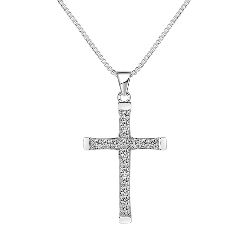 

Classic Cross Pendant Women Jewelry With Full Stones Fashion Lady 925 Sterling Silver Clavicle Chain Necklace For Men Gift