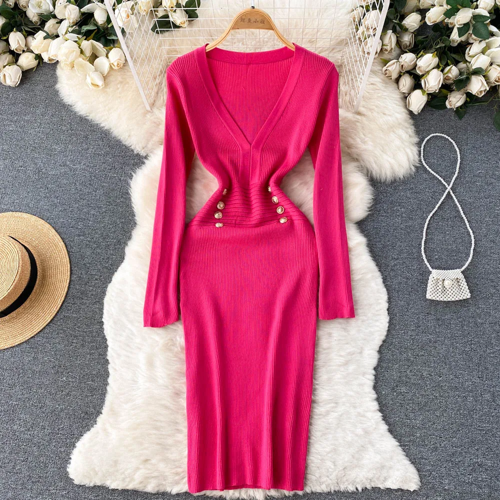 

Summer Vintage Chic Dress Knitting Full Sleeve V-Neck Empire Dresses Y2k Woman Mid-Calf Buttons Clothing for Women Dropshipping