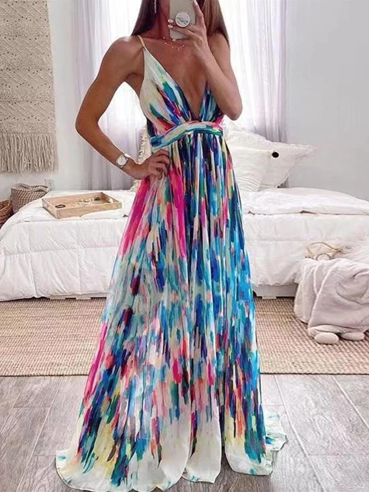 

Sexy Deep V Neck Sleeveless Loose Long Dress Vintage Tie-dye Print Bohe Suspender Dress Summer Women Elegant Floor-Length Dress