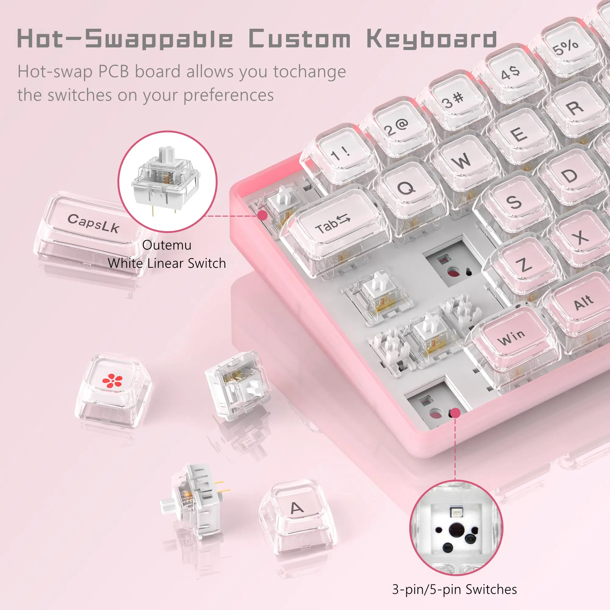 Womier WK68 60% клавиатура с возможностью горячей замены розовая RGB-проводная игровая