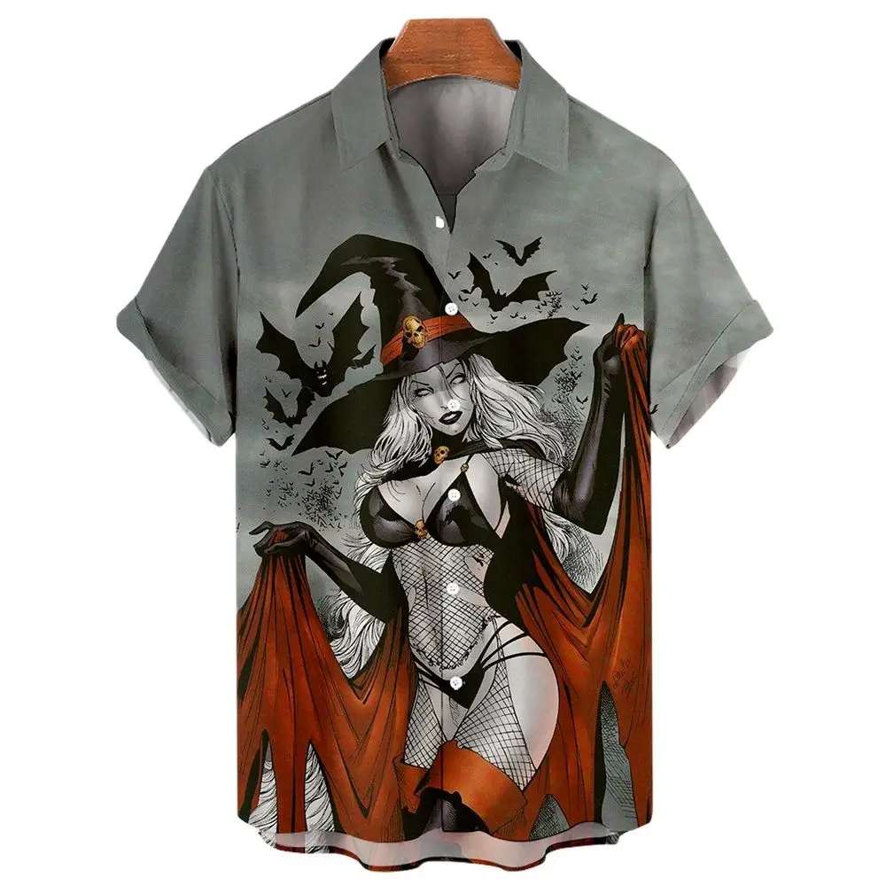 Hawaiian Men's Shirts Halloween Graphic Vintage Print Tops Harajuku Tees Lapel Witch Festive Casual Shirts 5XL Oversized Clothes