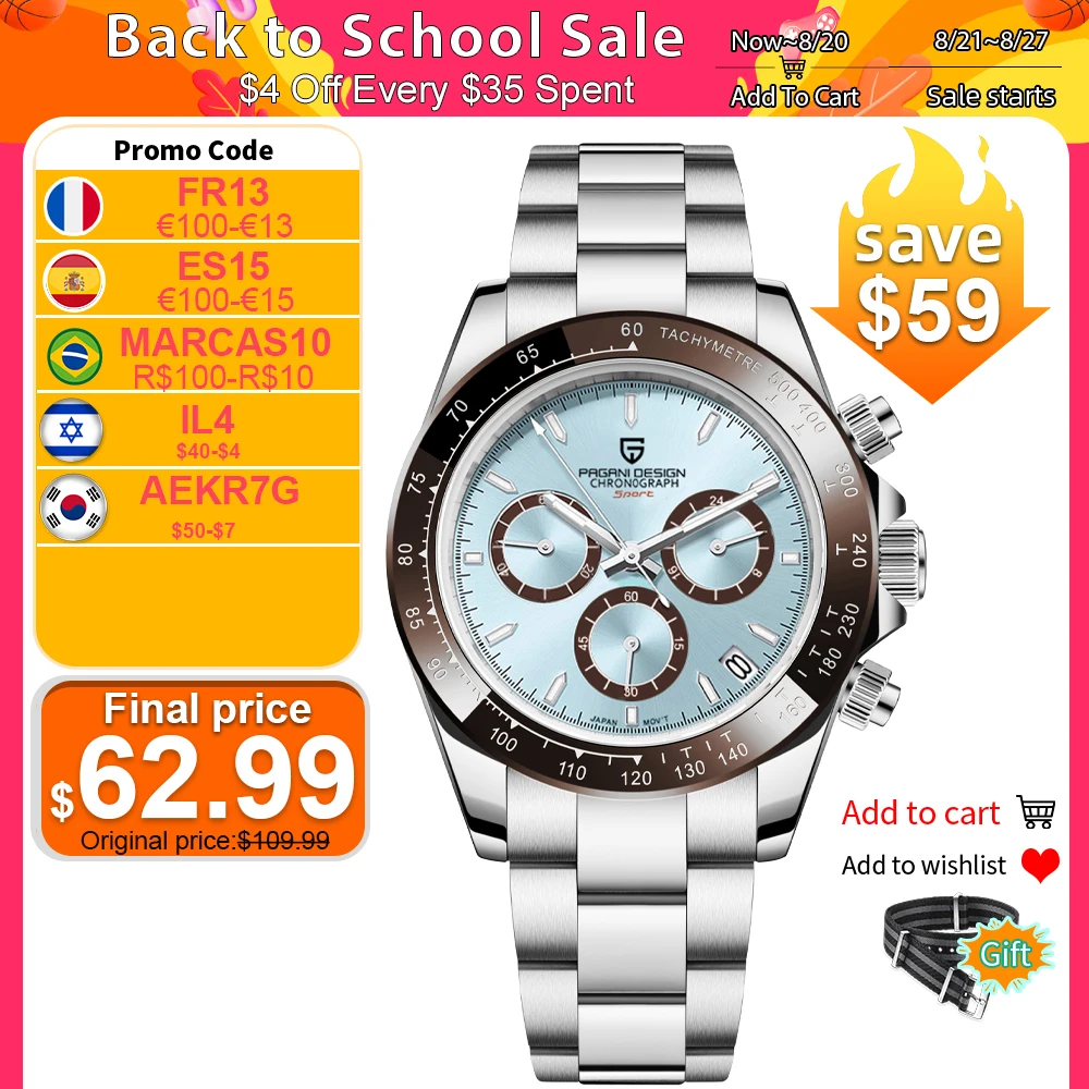 Часы PAGANI DESIGN Мужские кварцевые с хронографом, водонепроницаемые до 2023 м