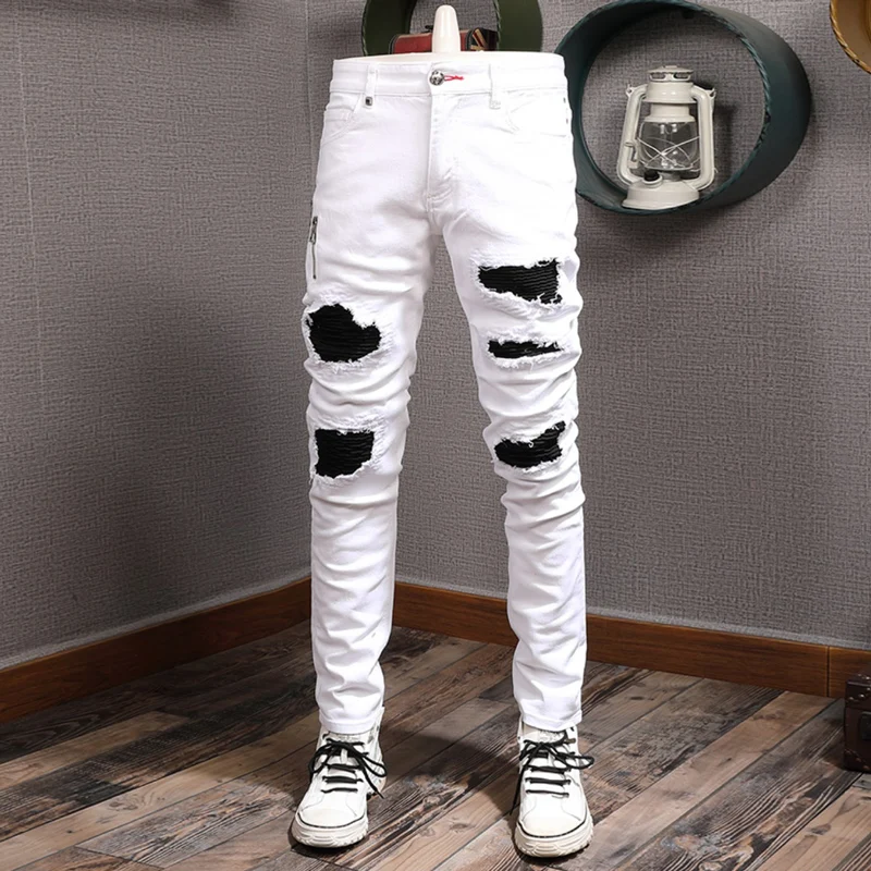 Street Fashion Men Jeans White Elastic Stretch Skinny Ripped Jeans Men Zipper Designer Black Patched Hip Hop Brand Pants Hombre