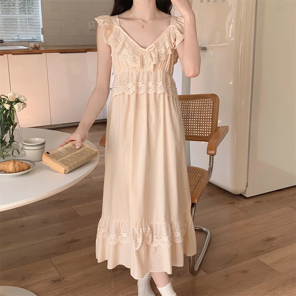 

Court Style Home Dressing Gown Female Elegant Bathrobe Sexy Lace Ruffle Nightwear Long Nightgown Cotton Sleepwear Loungewear